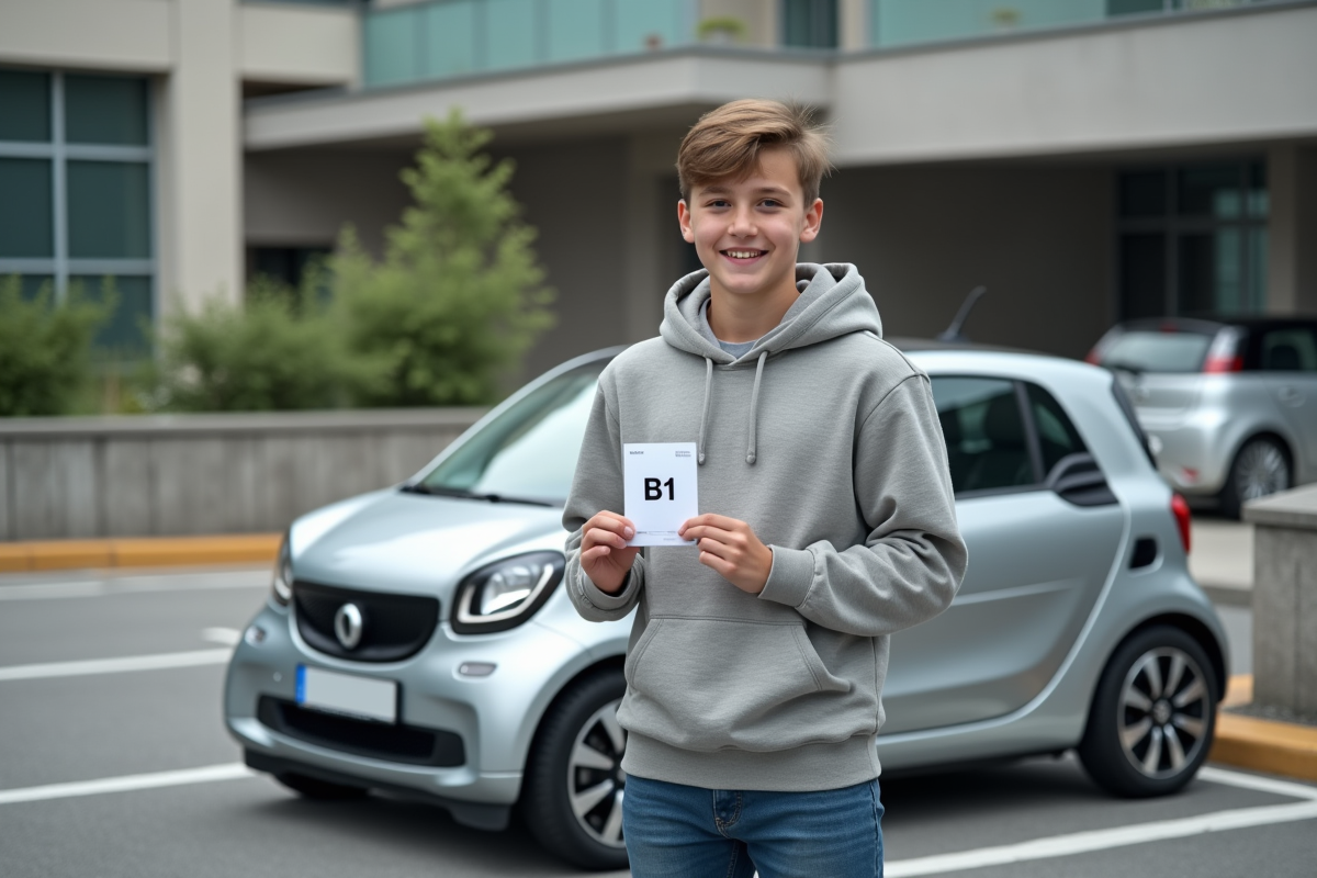 Jeune garçon avec permis B devant une microcar en ville