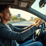 Jeune conducteur confiant au volant d'une voiture moderne