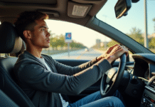 Jeune conducteur confiant au volant d'une voiture moderne