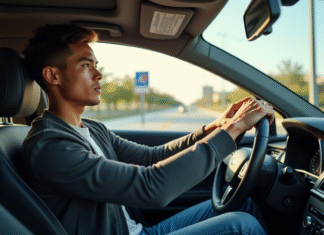 Jeune conducteur confiant au volant d'une voiture moderne