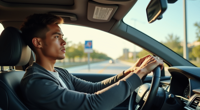Jeune conducteur confiant au volant d'une voiture moderne