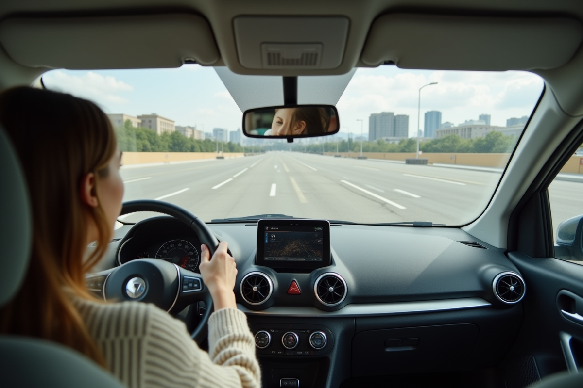 Jeune femme ajustant son rétroviseur dans une voiture en ville