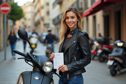Jeune femme avec licence scooter en ville en Espagne