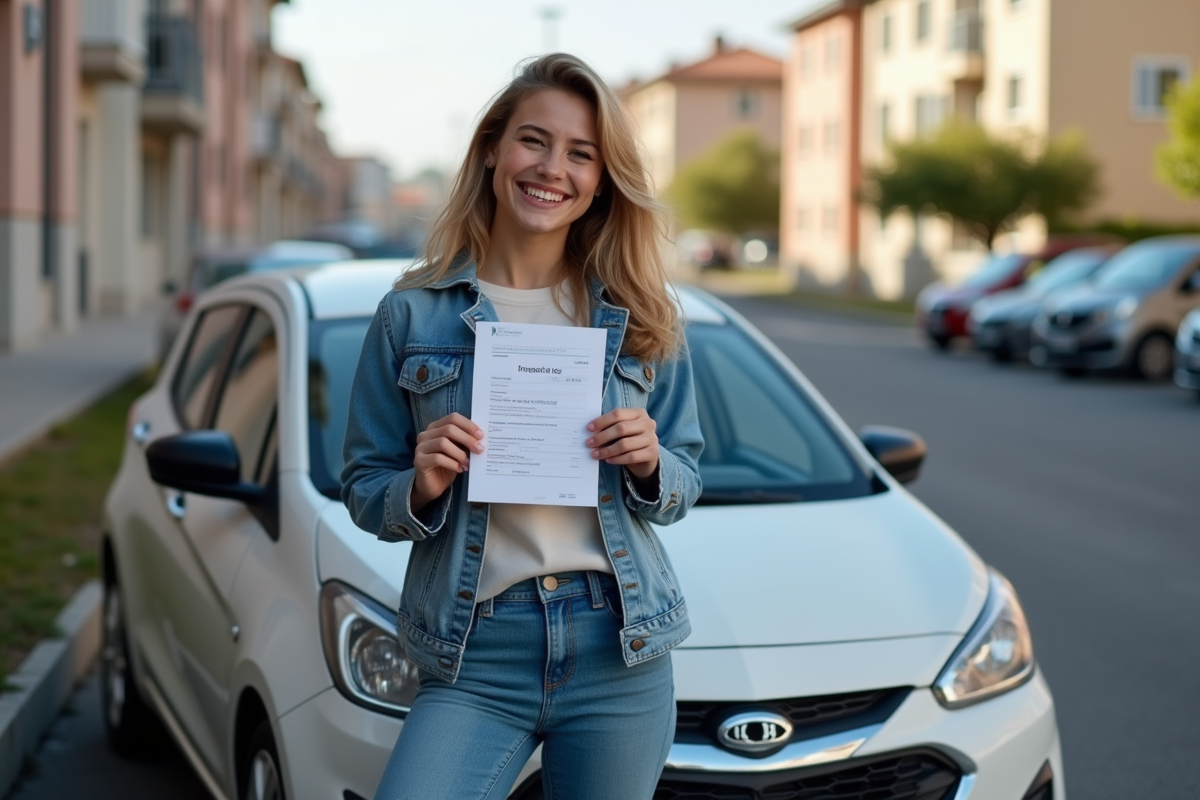 Jeune femme souriante avec son assurance devant sa voiture