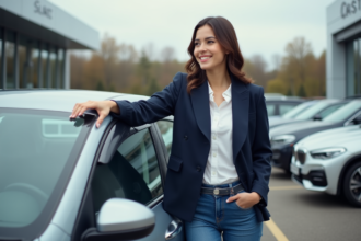 Jeune femme souriante devant une voiture neuve à la concession