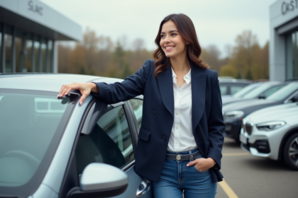Jeune femme souriante devant une voiture neuve à la concession