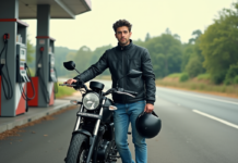 Moto 125 : quel modèle consomme le moins ? Comparatif et avis Jeune homme avec casque et moto à la station essence