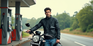 Moto 125 : quel modèle consomme le moins ? Comparatif et avis Jeune homme avec casque et moto à la station essence