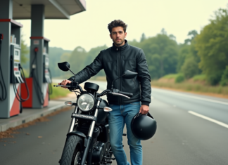 Moto 125 : quel modèle consomme le moins ? Comparatif et avis Jeune homme avec casque et moto à la station essence