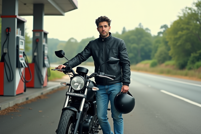 Jeune homme avec casque et moto à la station essence