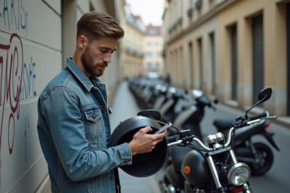 Jeune homme avec casque et moto dans une rue parisienne