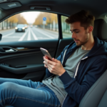 Uber vs taxi : quel est le moins cher ? Comparaison des tarifs et avantages Jeune homme en hoodie dans une voiture urbaine