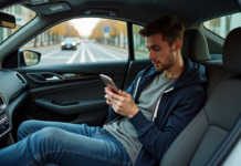 Uber vs taxi : quel est le moins cher ? Comparaison des tarifs et avantages Jeune homme en hoodie dans une voiture urbaine