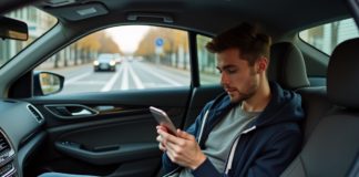 Uber vs taxi : quel est le moins cher ? Comparaison des tarifs et avantages Jeune homme en hoodie dans une voiture urbaine