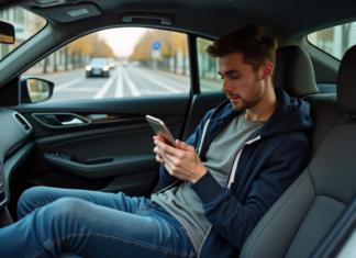 Uber vs taxi : quel est le moins cher ? Comparaison des tarifs et avantages Jeune homme en hoodie dans une voiture urbaine