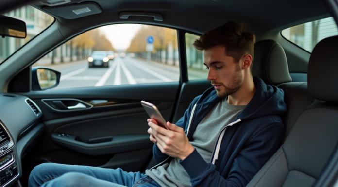 Uber vs taxi : quel est le moins cher ? Comparaison des tarifs et avantages Jeune homme en hoodie dans une voiture urbaine