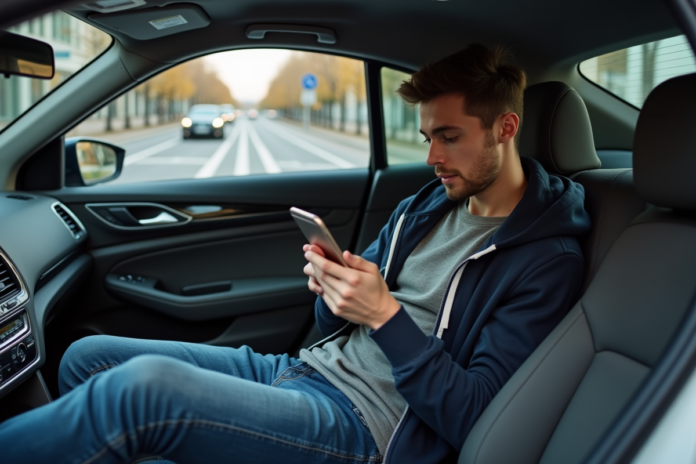 jeune-homme-telephone-voiture-urbaine Jeune homme en hoodie dans une voiture urbaine