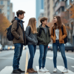 Prévention accidents de la route chez les jeunes : mesures efficaces à adopter Groupe d'adolescents attendant au passage piétons en ville