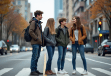 Groupe d'adolescents attendant au passage piétons en ville