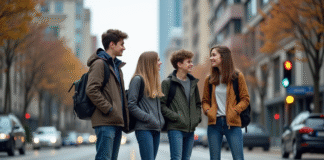 Groupe d'adolescents attendant au passage piétons en ville