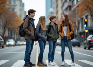 Prévention accidents de la route chez les jeunes : mesures efficaces à adopter Groupe d'adolescents attendant au passage piétons en ville
