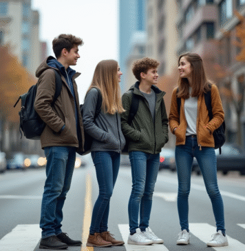 Prévention accidents de la route chez les jeunes : mesures efficaces à adopter Groupe d'adolescents attendant au passage piétons en ville