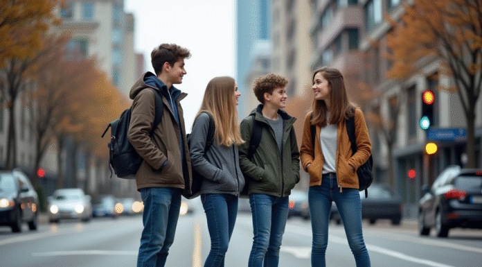 Prévention accidents de la route chez les jeunes : mesures efficaces à adopter Groupe d'adolescents attendant au passage piétons en ville