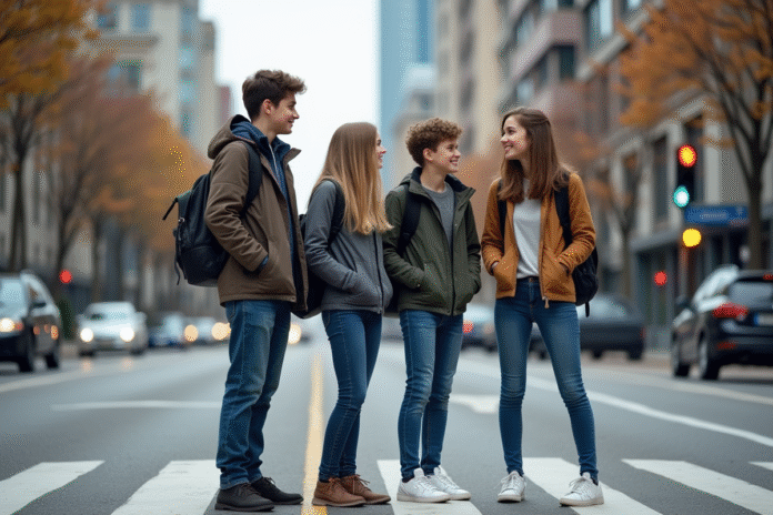 jeunes-citadins-passage-pietons Groupe d'adolescents attendant au passage piétons en ville