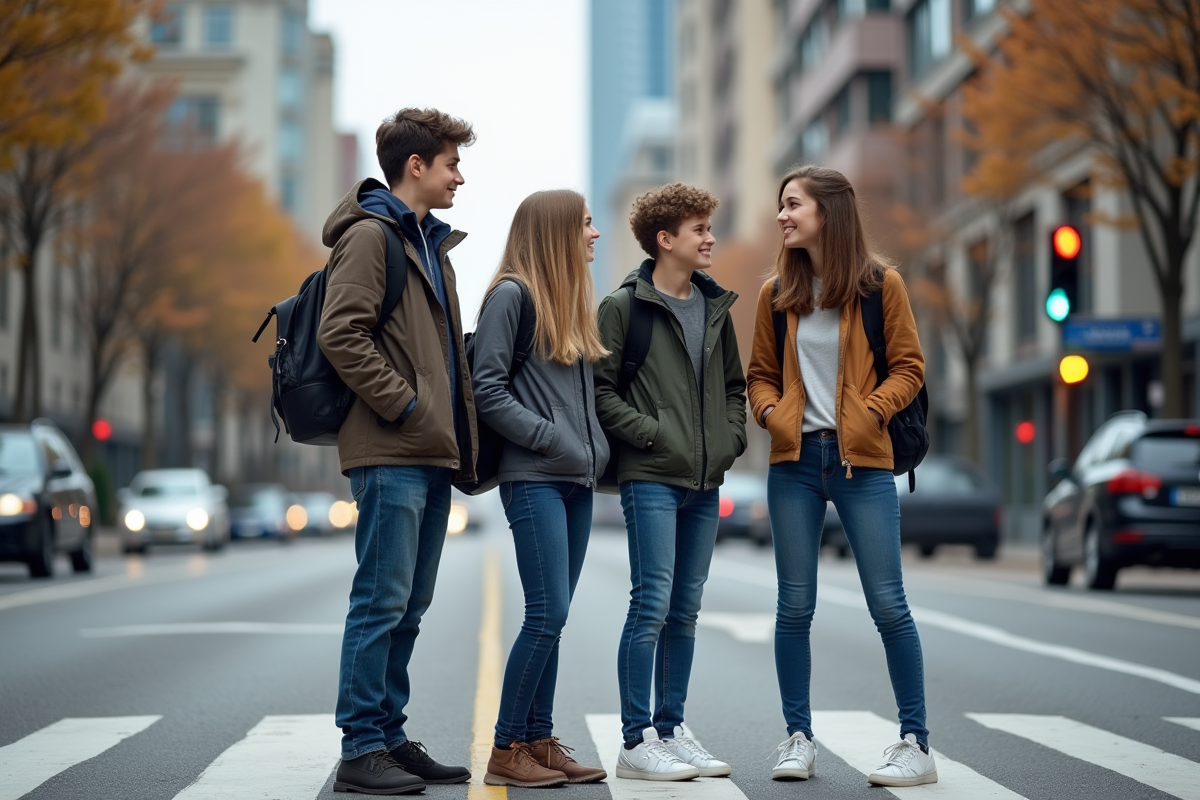 Groupe d'adolescents attendant au passage piétons en ville