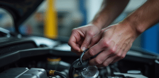Mains de mécanicien retirant un capteur de turbo dans un moteur propre
