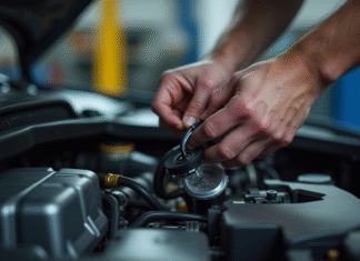 Mains de mécanicien retirant un capteur de turbo dans un moteur propre
