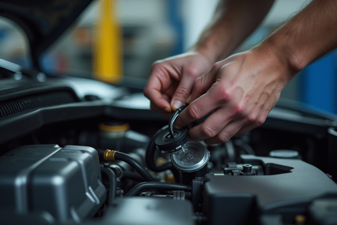 mains-de-mecanicien-remontant-turbo Mains de mécanicien retirant un capteur de turbo dans un moteur propre