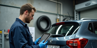 Mécanicien inspectant une voiture dans un centre de contrôle