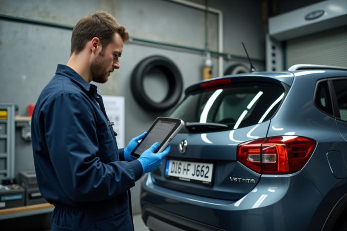 Mécanicien inspectant une voiture dans un centre de contrôle