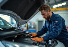 Mécanicien homme travaillant sous le capot d'une Peugeot en plein jour