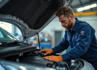 Mécanicien homme travaillant sous le capot d'une Peugeot en plein jour