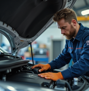 Mécanicien homme travaillant sous le capot d'une Peugeot en plein jour