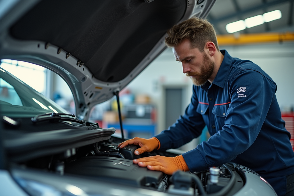 Mécanicien homme travaillant sous le capot d'une Peugeot en plein jour