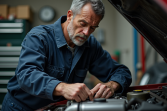Mécanicien homme en combinaison travaillant sur un vieux moteur