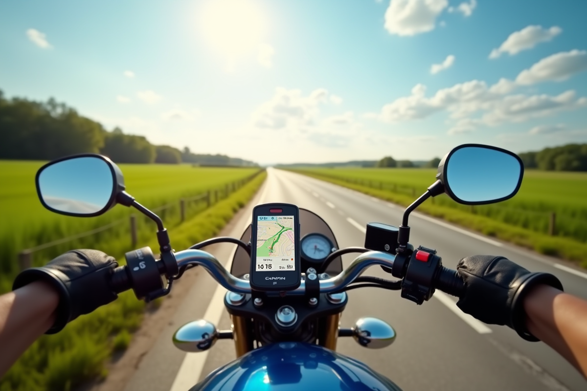 Motard sur route de campagne avec GPS et paysage vert