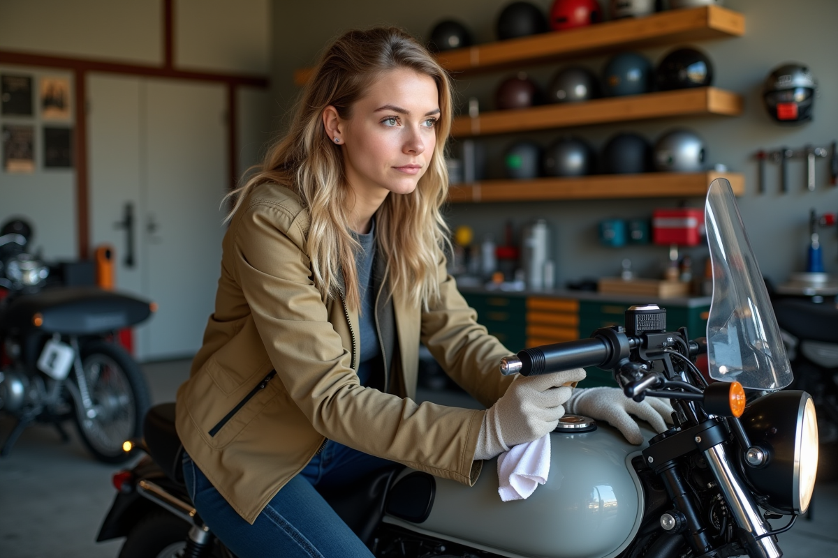 Jeune femme nettoyant le guidon de sa moto en garage