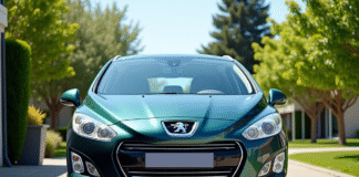 Voiture Peugeot 308 2015 en extérieur dans une allée ensoleillée