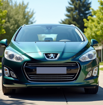 Voiture Peugeot 308 2015 en extérieur dans une allée ensoleillée