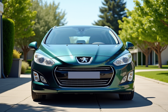Voiture Peugeot 308 2015 en extérieur dans une allée ensoleillée