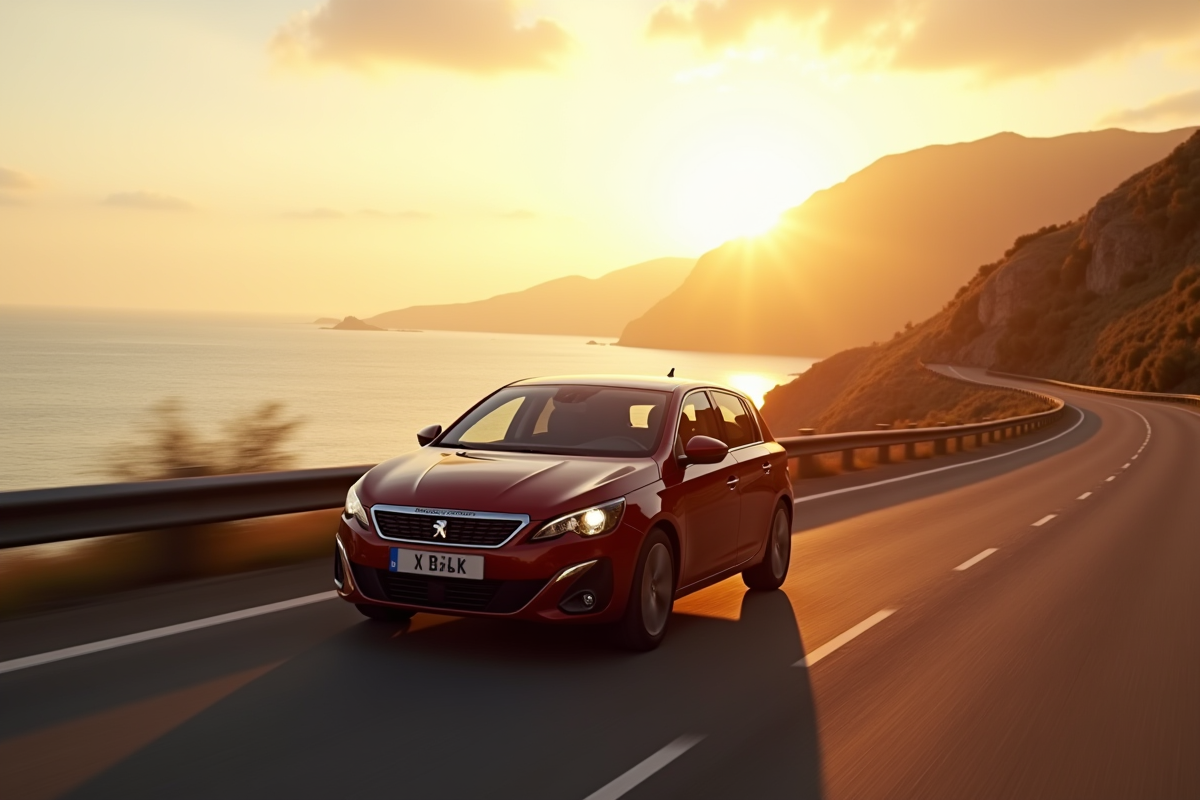 Peugeot 308 roulant sur une route côtière au lever du soleil
