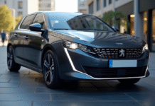 Voiture Peugeot 308 2021 en ville avec phares avancés