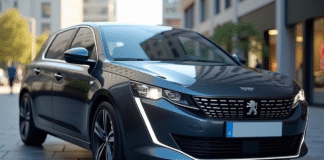 Voiture Peugeot 308 2021 en ville avec phares avancés