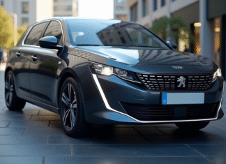 Voiture Peugeot 308 2021 en ville avec phares avancés