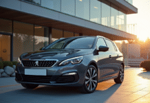 Peugeot 308 neuve devant un bâtiment moderne en journée