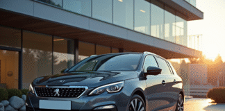 Peugeot 308 neuve devant un bâtiment moderne en journée